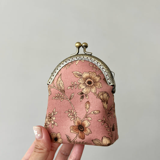 Old Pink Floral Fabric Kiss Lock Purse - Handmade Accessory Pink Fabric Pouch
