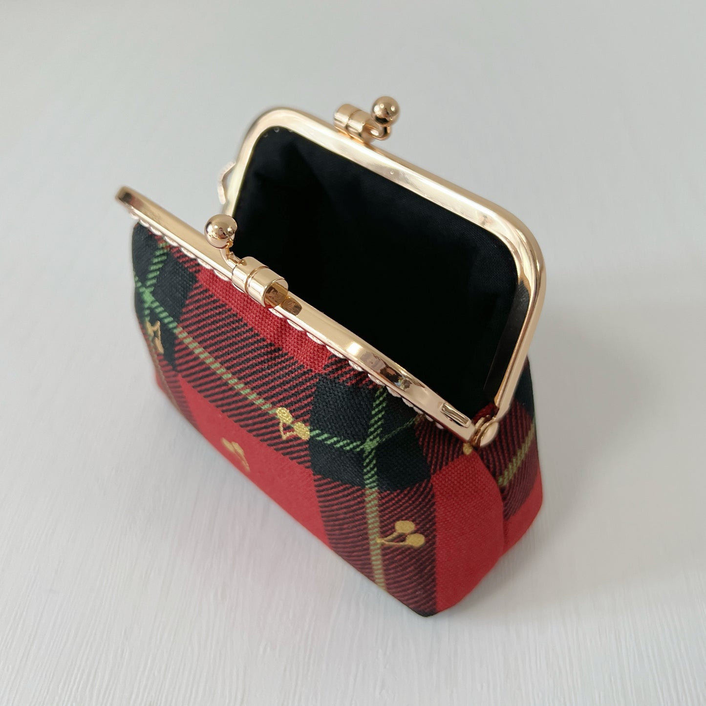 Red Tartan Gold Cherries Fabric Kiss Lock Purse - Handmade Accessory Purse