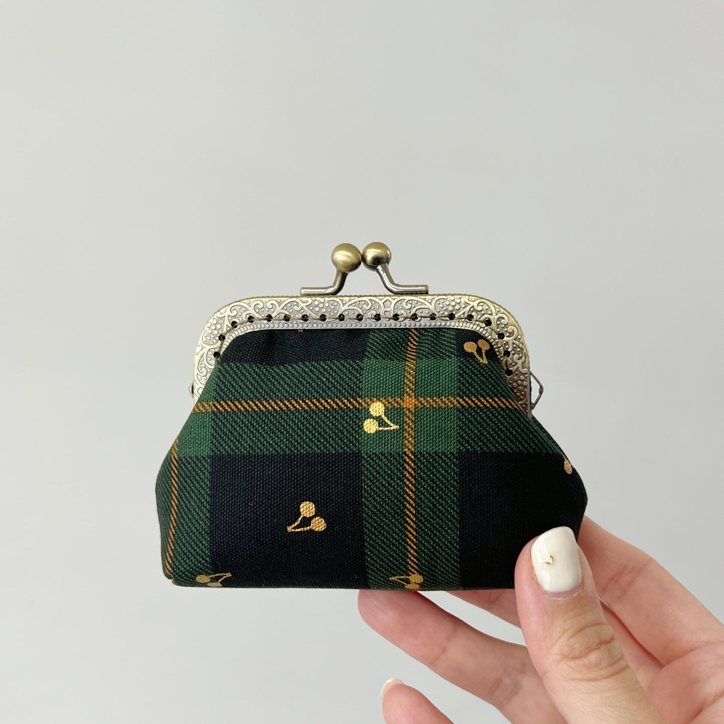 Black Green Tartan Gold Cherries Fabric Kiss Lock Purse - Handmade Accessory Purse