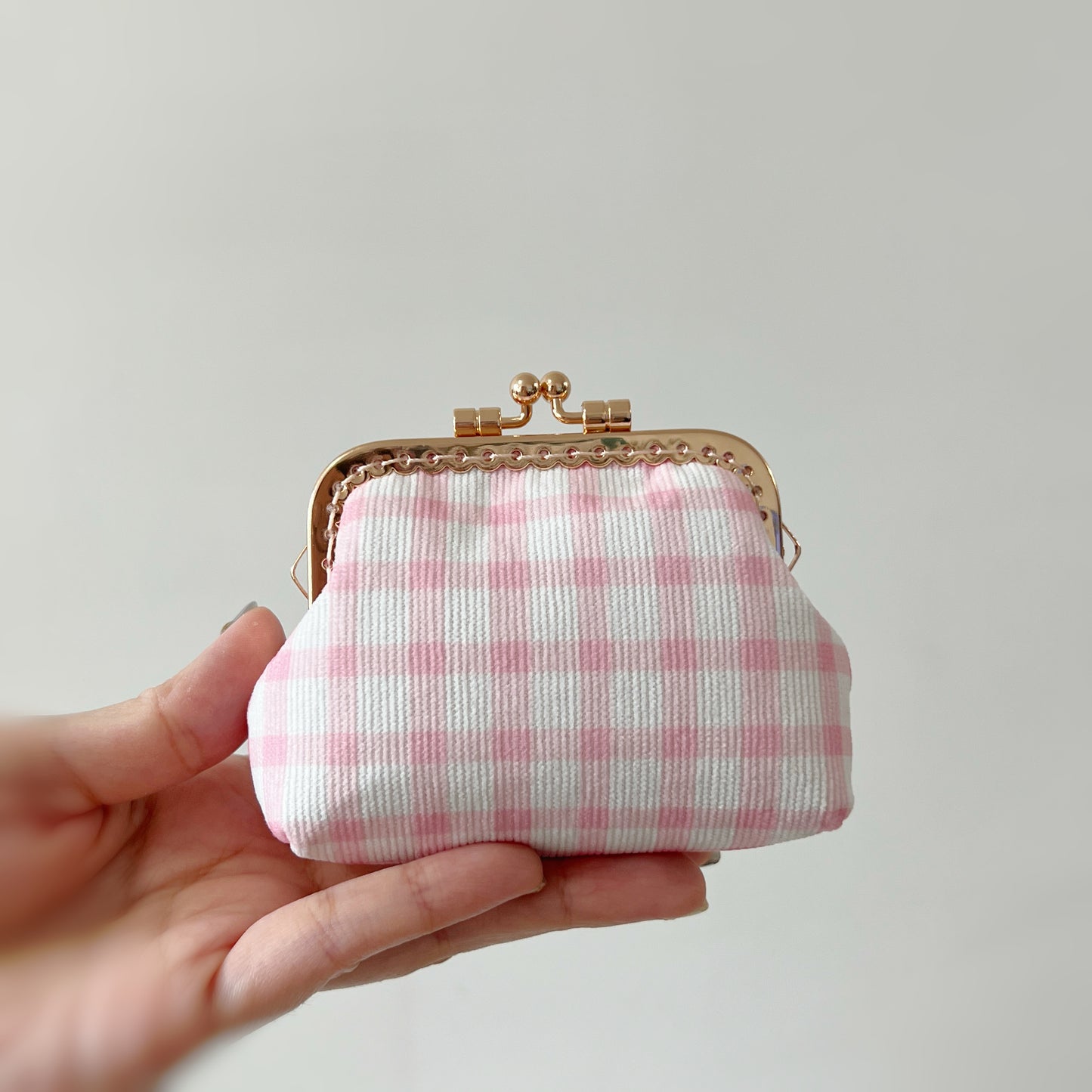 Pink Tiles Corduroy Fabric Kiss Lock Purse - Handmade Accessory Purse