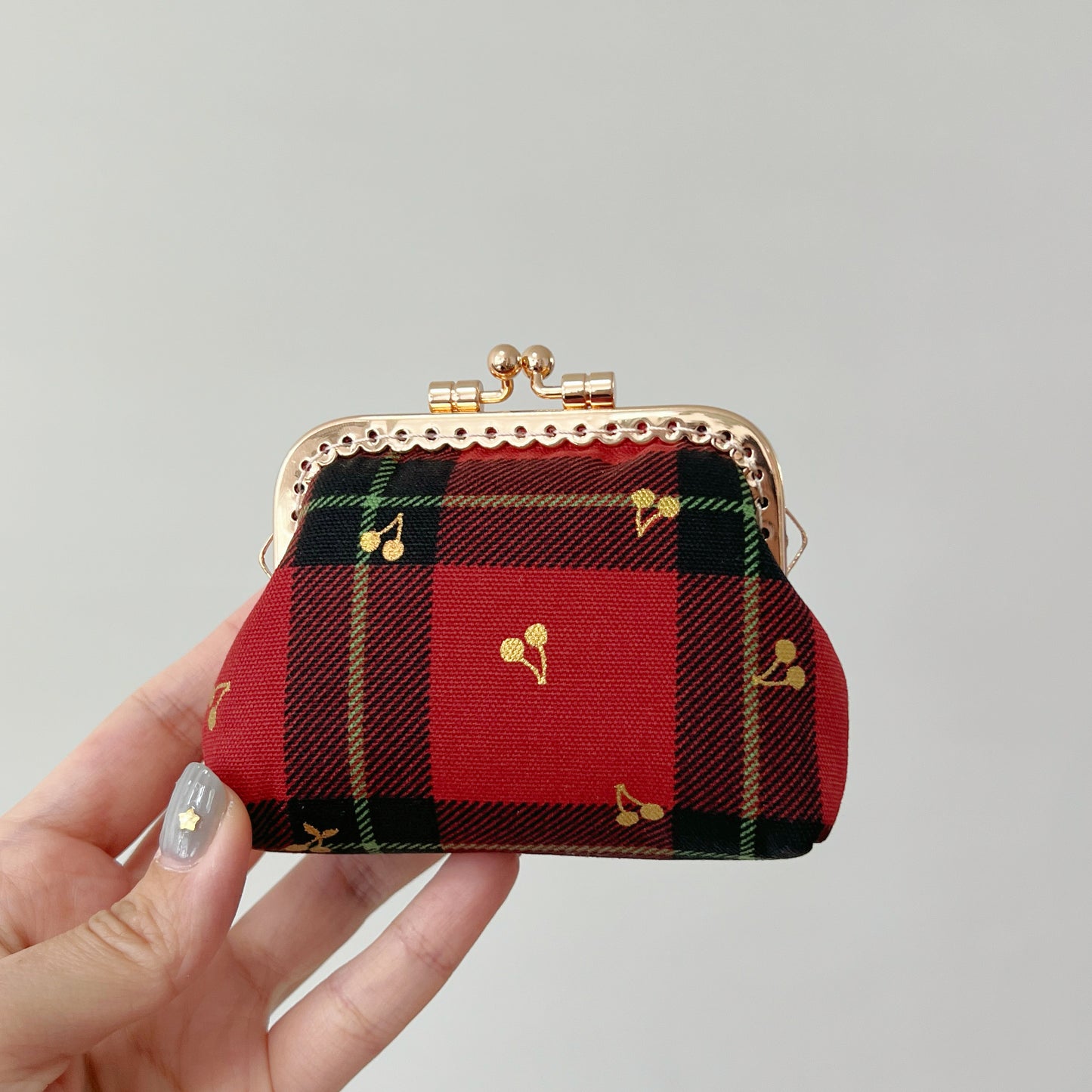 Red Tartan Gold Cherries Fabric Kiss Lock Purse - Handmade Accessory Purse