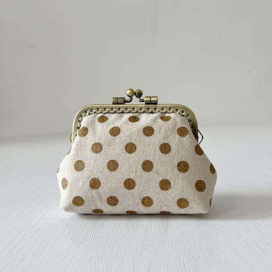 Gold Polka Dots Fabric Kiss Lock Purse - Handmade Accessory Pouch
