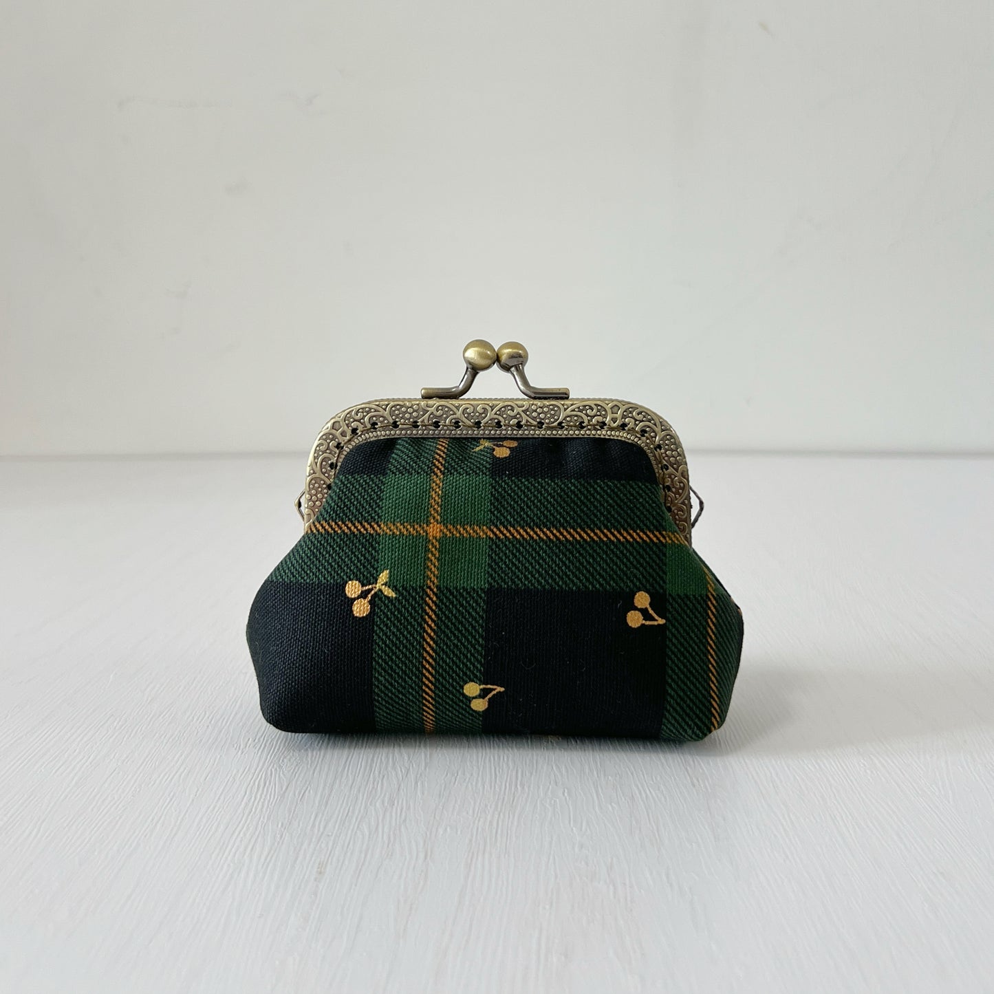 Black Green Tartan Gold Cherries Fabric Kiss Lock Purse - Handmade Accessory Purse