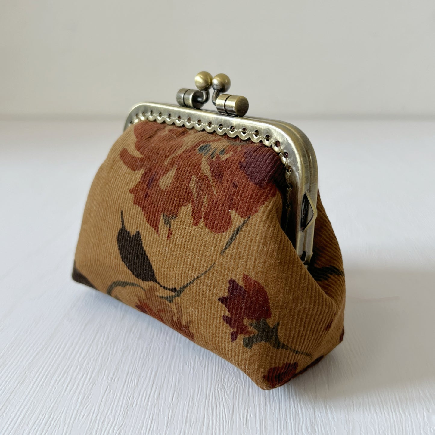 Old Brown Forest Corduroy Fabric Kiss Lock Purse - Handmade Accessory Purse
