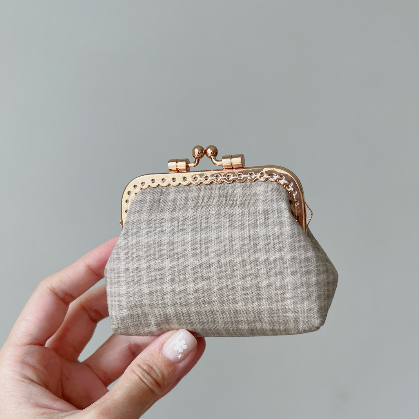 Beige Cube Tartan Fabric Kiss Lock Purse - Handmade Accessory Pouch - Rose Gold Metal Clasp