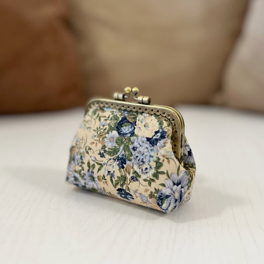 Cream Secret Graden Fabric Kiss Lock Purse - Handmade Accessory Pouch