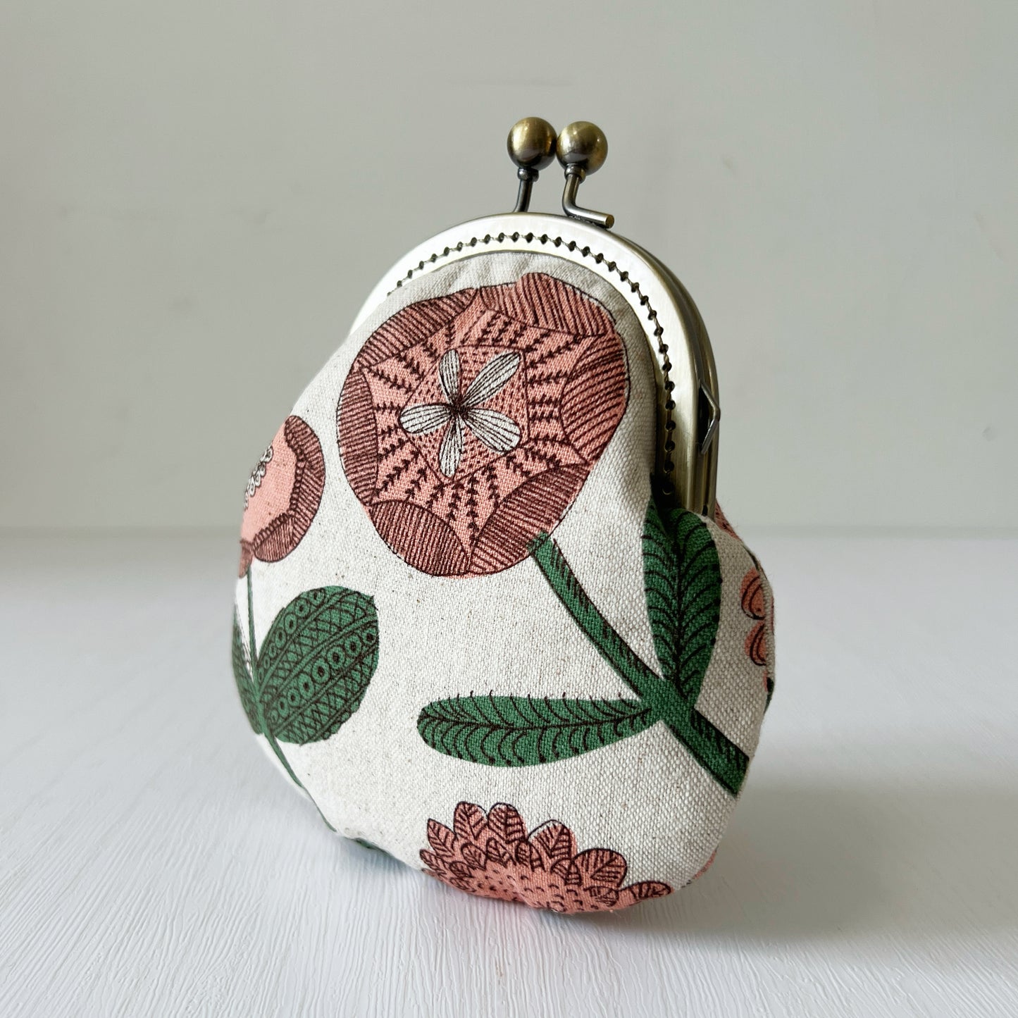 Cotton Canvas Pink Floral Fabric Kiss Lock Purse - Handmade Accessory Fabric Pouch