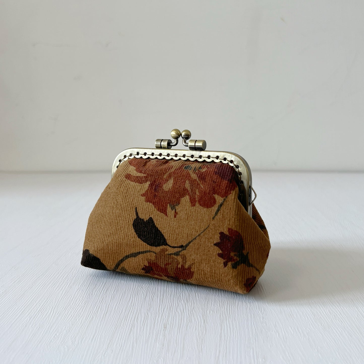 Old Brown Forest Corduroy Fabric Kiss Lock Purse - Handmade Accessory Purse