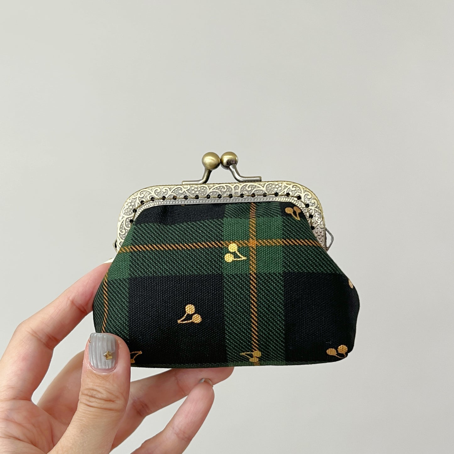 Black Green Tartan Gold Cherries Fabric Kiss Lock Purse - Handmade Accessory Purse
