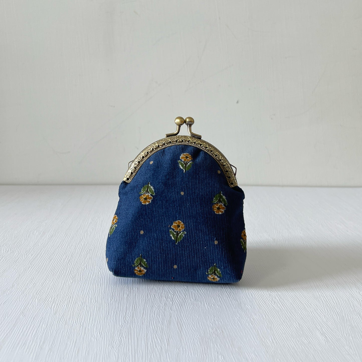 Red or Blue Floral Corduroy Half Round Kiss Lock Purse - Handmade Accessory Fabric Purse