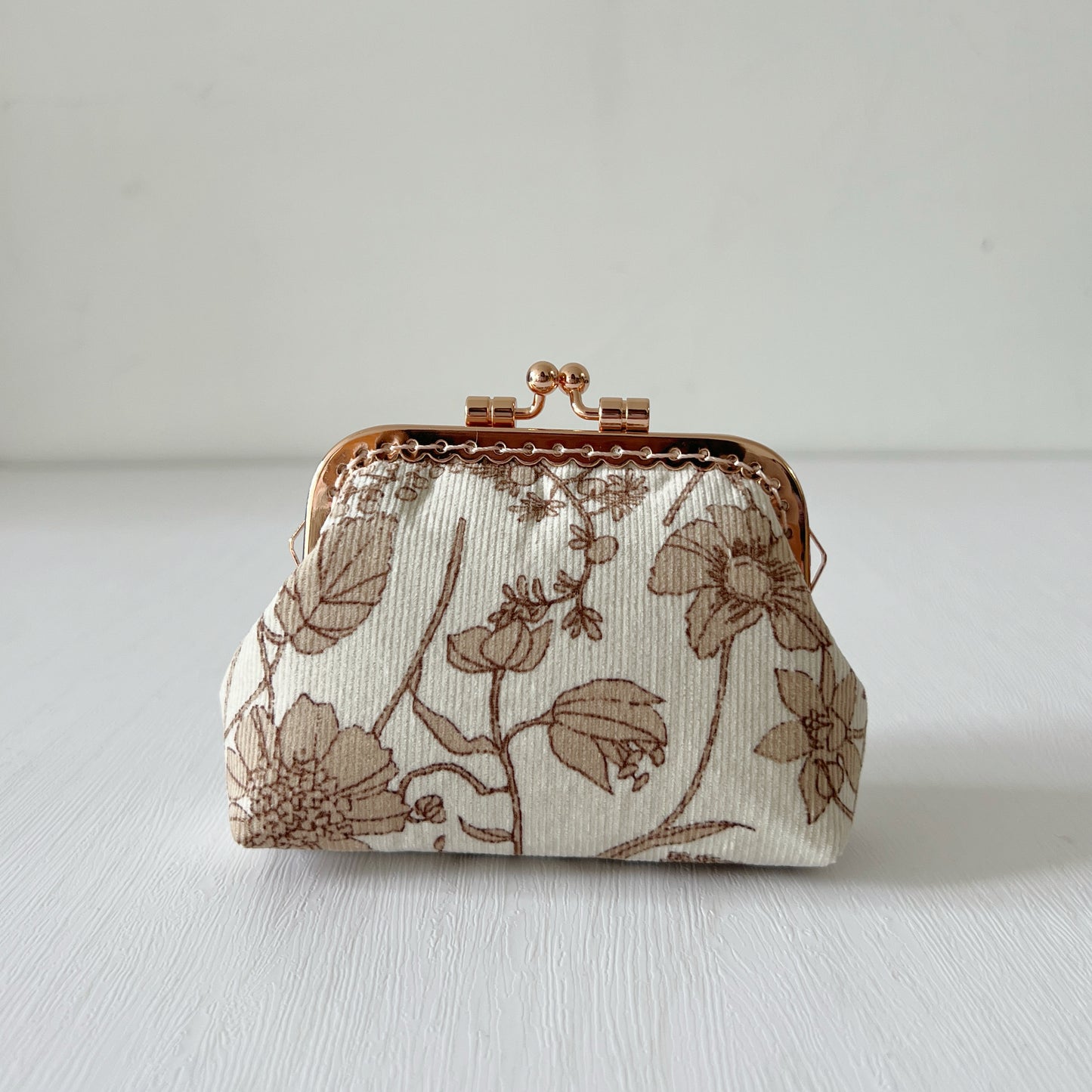 Beige Cream Floral Fabric Kiss Lock Purse - Handmade Accessory Purse