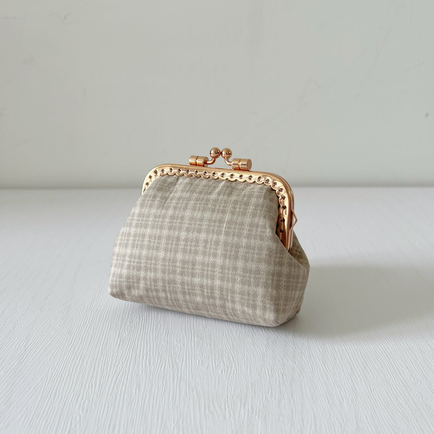 Beige Cube Tartan Fabric Kiss Lock Purse - Handmade Accessory Pouch - Rose Gold Metal Clasp