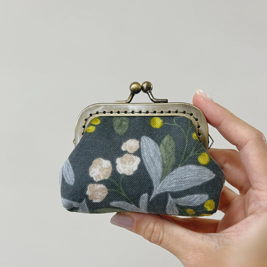 Blue Garden Yellow Berries Floral Kiss Lock Fabric Purse - Handmade Accessory Purse