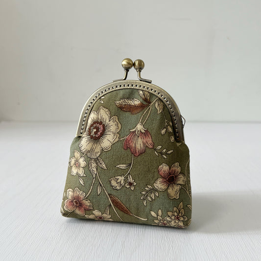 Old Green Garden Floral Fabric Kiss Lock Purse - Handmade Accessory Fabric Purse