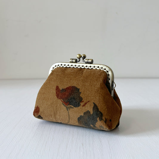 Old Brown Forest Corduroy Fabric Kiss Lock Purse - Handmade Accessory Purse
