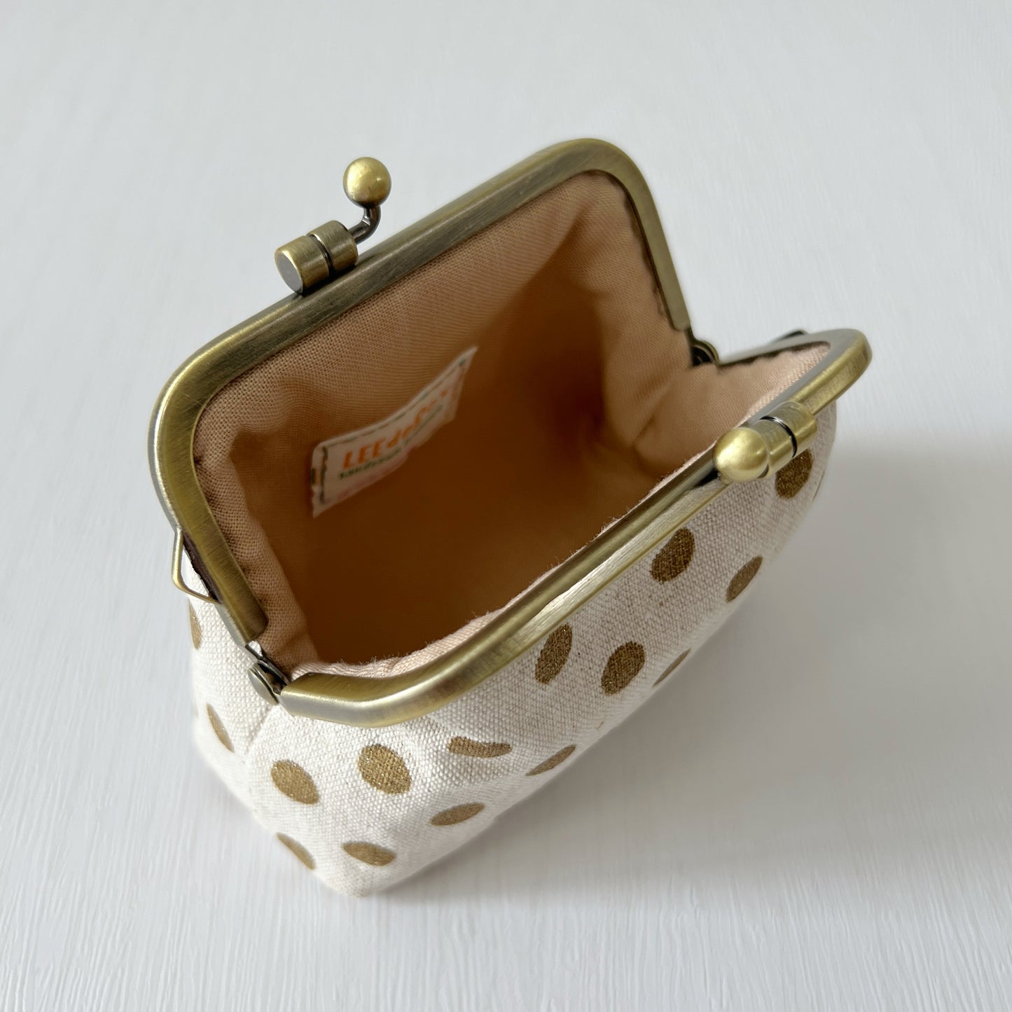 Gold Polka Dots Fabric Kiss Lock Purse - Handmade Accessory Pouch