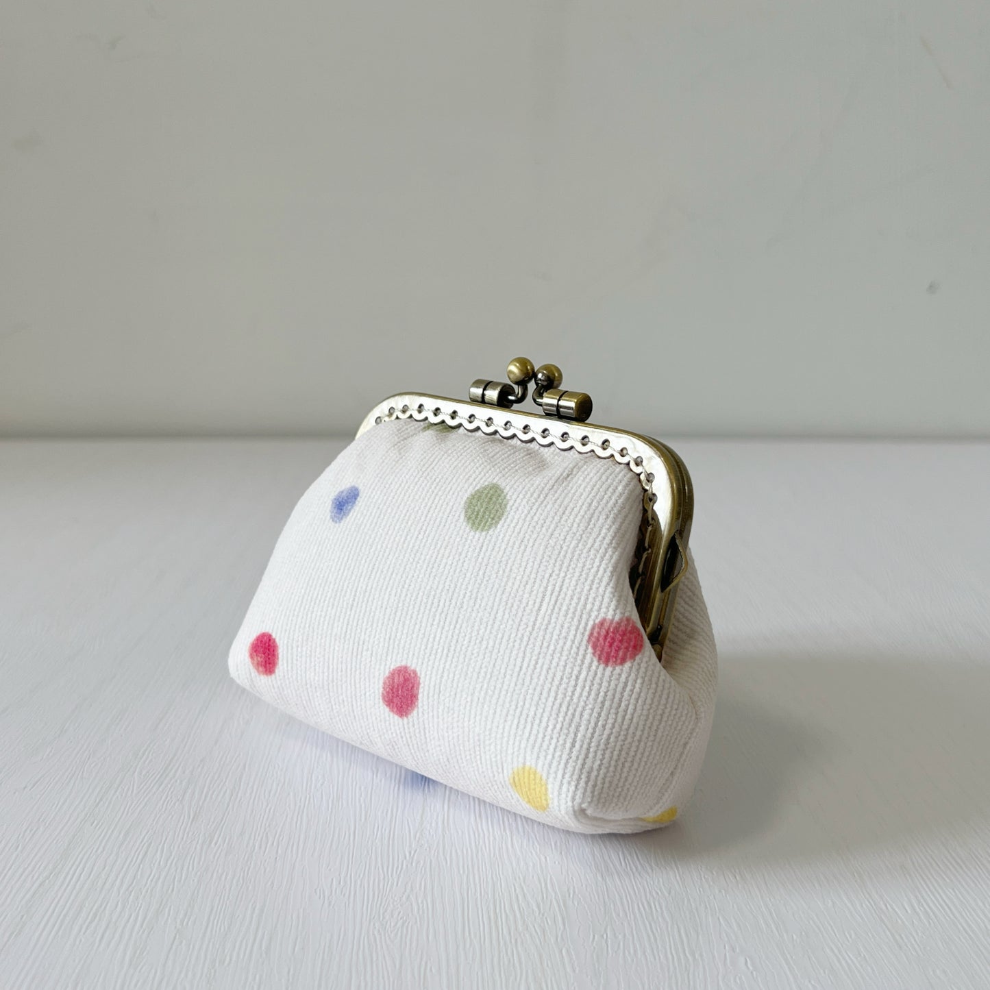 White Colour Dots Corduroy Fabric Kiss Lock Purse - Handmade Accessory Purse
