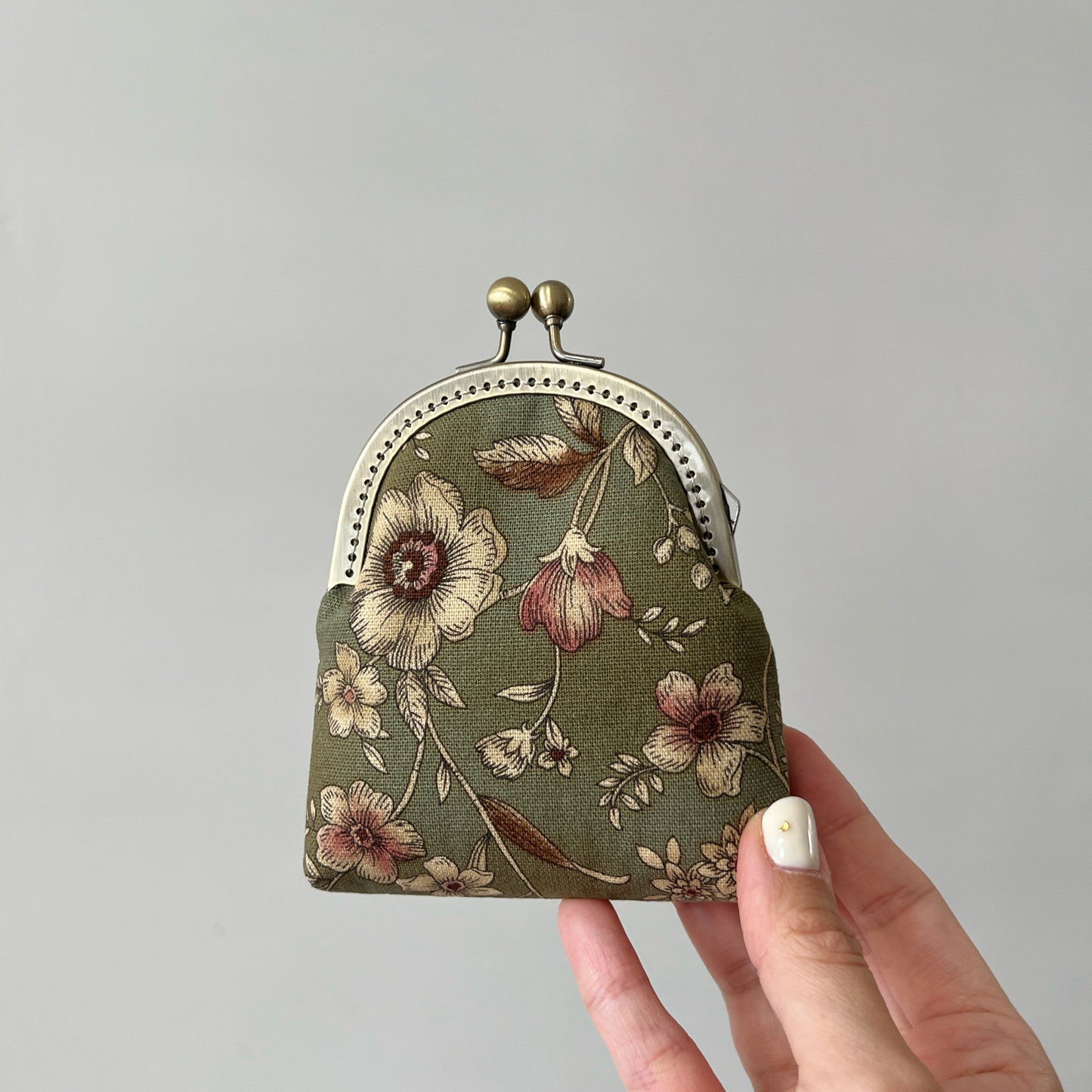 Old Green Garden Floral Fabric Kiss Lock Purse - Handmade Accessory Fabric Purse