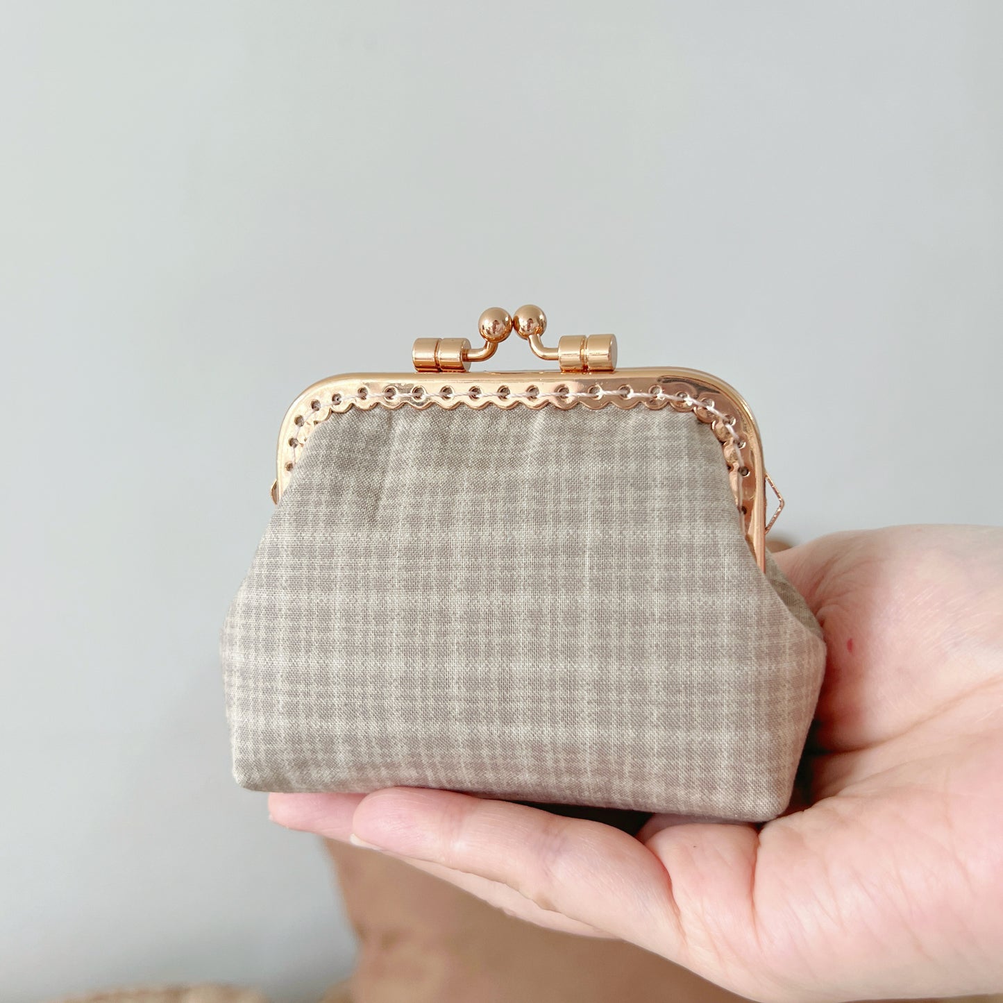 Beige Cube Tartan Fabric Kiss Lock Purse - Handmade Accessory Pouch - Rose Gold Metal Clasp
