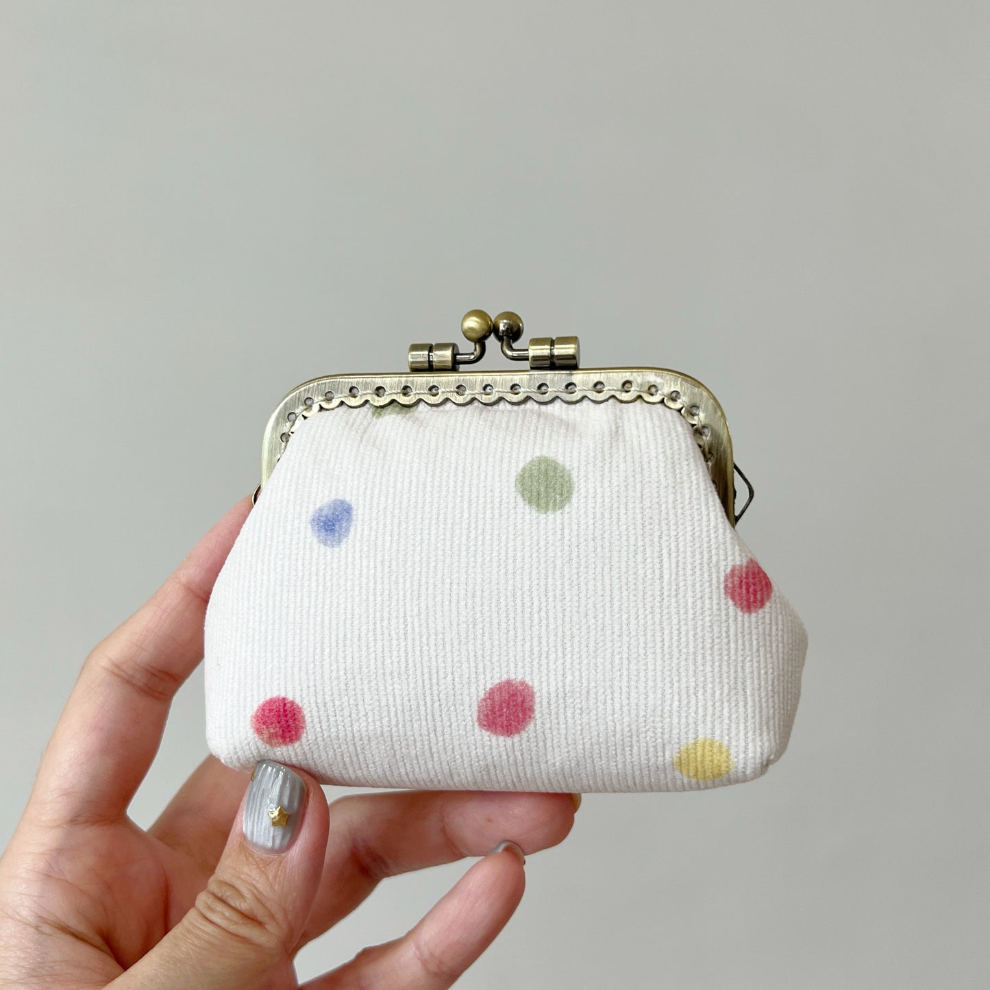 White Colour Dots Corduroy Fabric Kiss Lock Purse - Handmade Accessory Purse