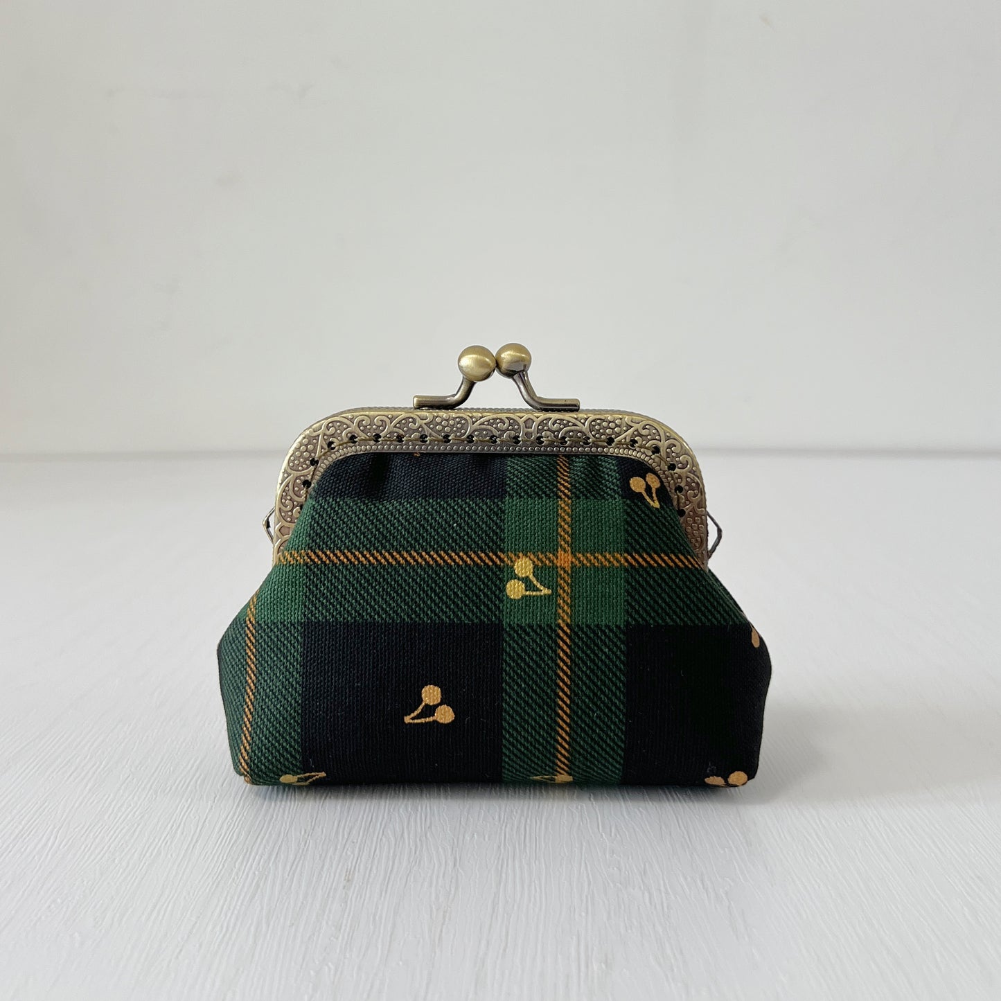 Black Green Tartan Gold Cherries Fabric Kiss Lock Purse - Handmade Accessory Purse