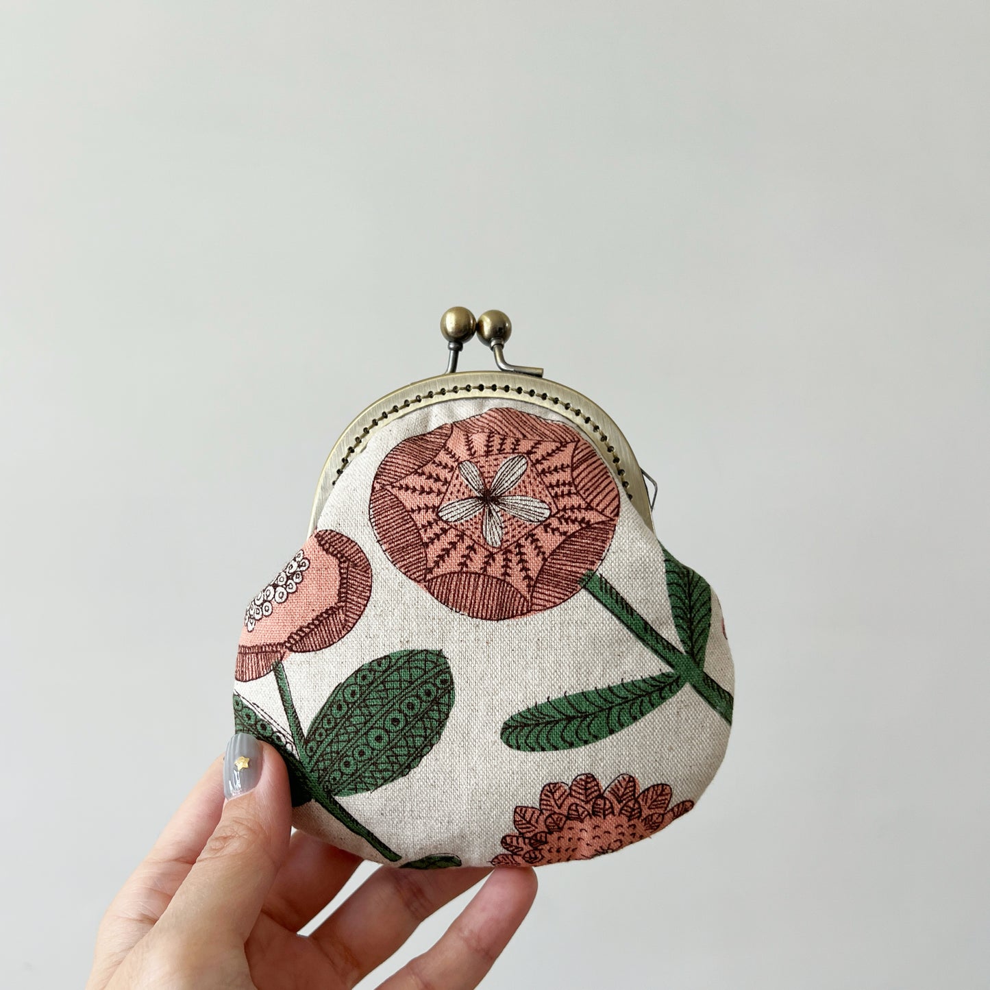 Cotton Canvas Pink Floral Fabric Kiss Lock Purse - Handmade Accessory Fabric Pouch