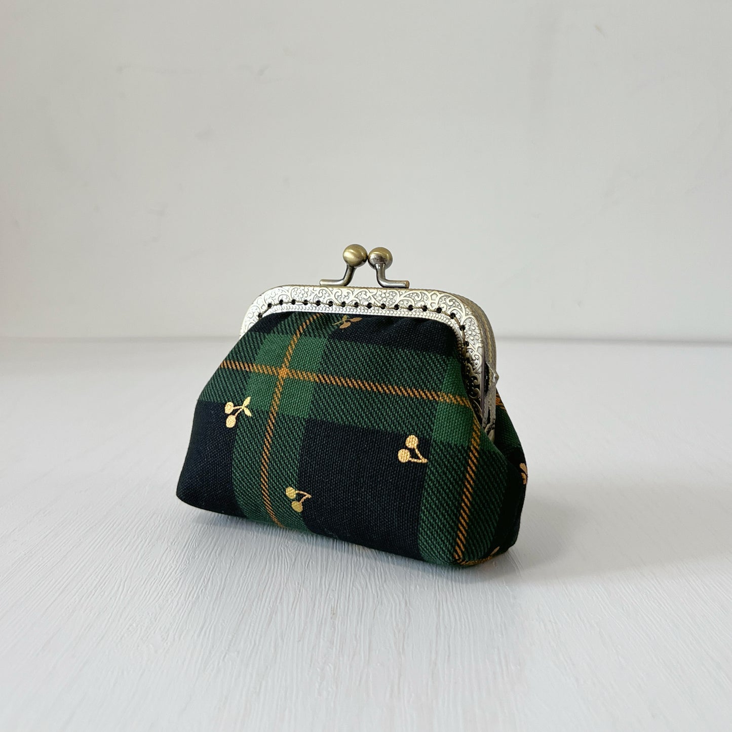 Black Green Tartan Gold Cherries Fabric Kiss Lock Purse - Handmade Accessory Purse