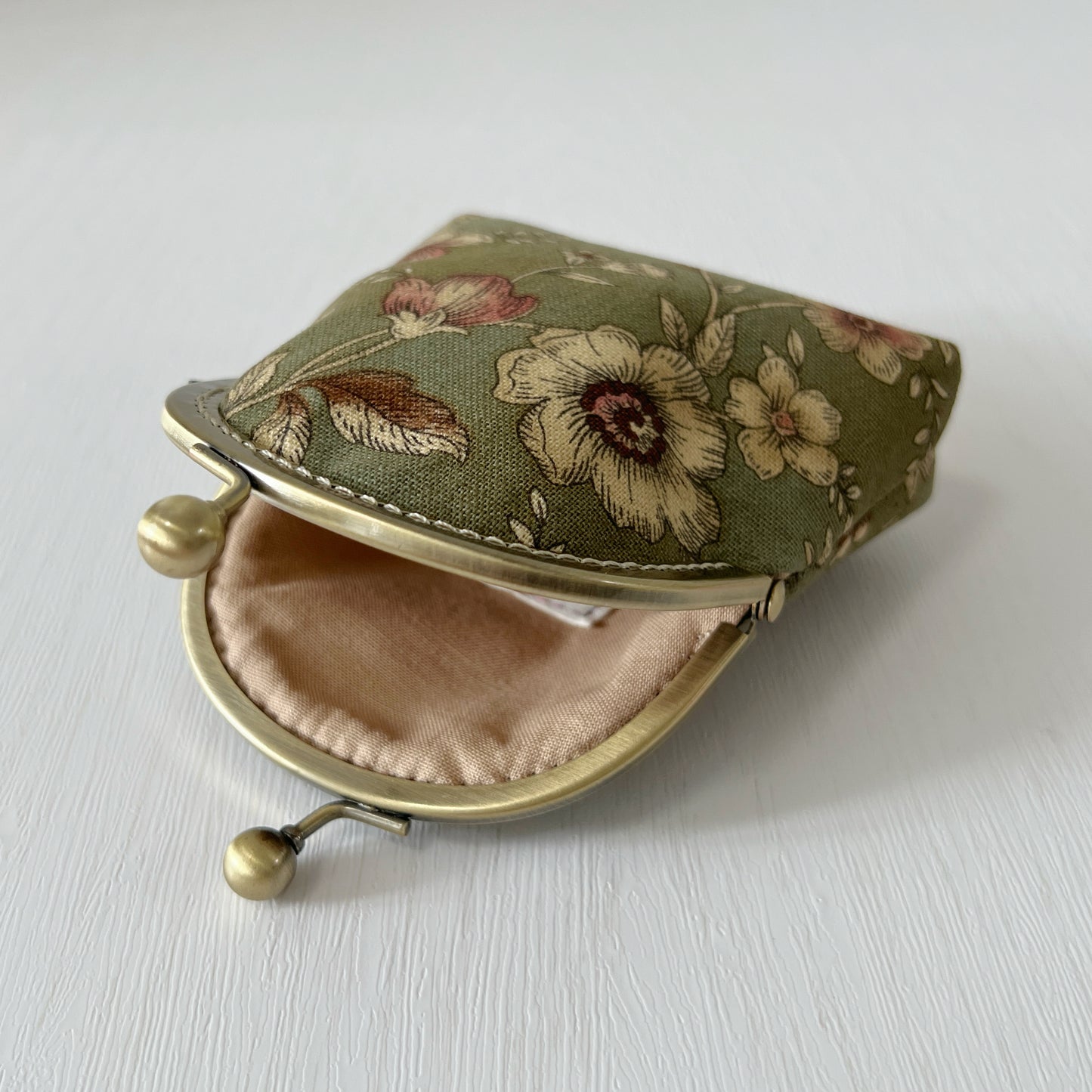 Old Green Garden Floral Fabric Kiss Lock Purse - Handmade Accessory Fabric Purse