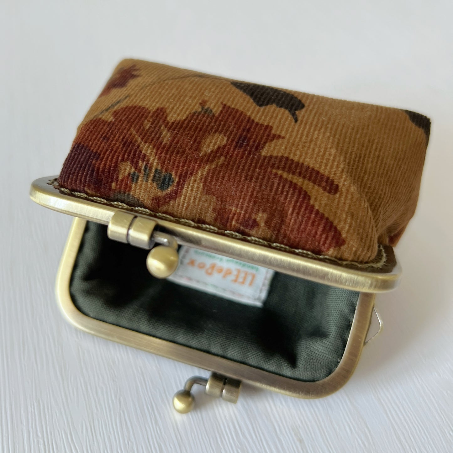 Old Brown Forest Corduroy Fabric Kiss Lock Purse - Handmade Accessory Purse