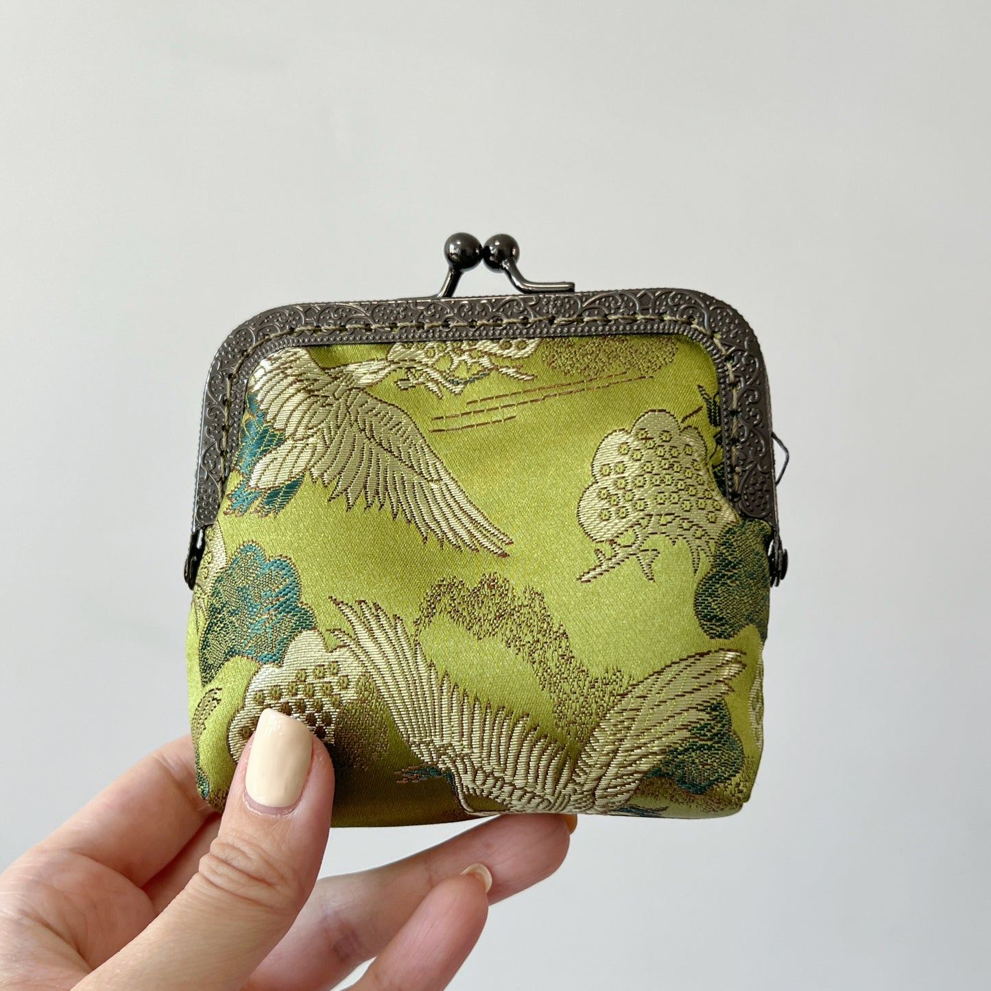 Olive Green Cranes - Handmade Kiss Lock Card Purse