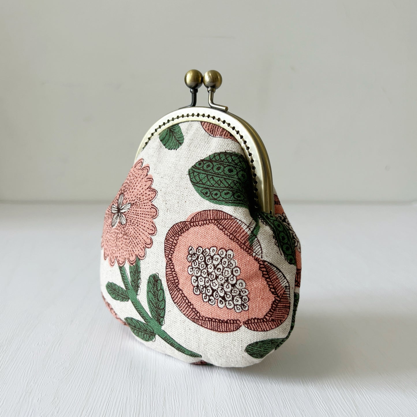 Cotton Canvas Pink Floral Fabric Kiss Lock Purse - Handmade Accessory Fabric Pouch