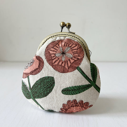 Cotton Canvas Pink Floral Fabric Kiss Lock Purse - Handmade Accessory Fabric Pouch