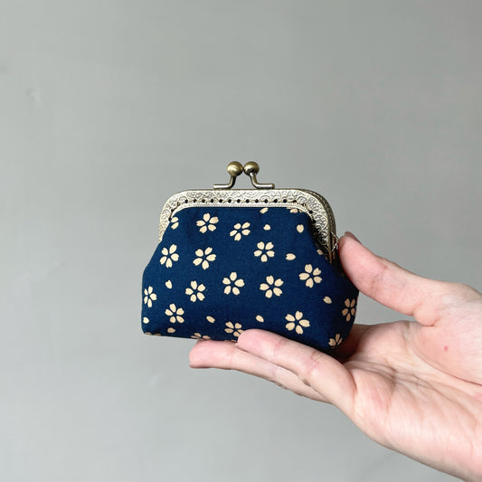 Blue Cherry Blossoms Fabric Kiss Lock Purse - Handmade Accessory Pouch