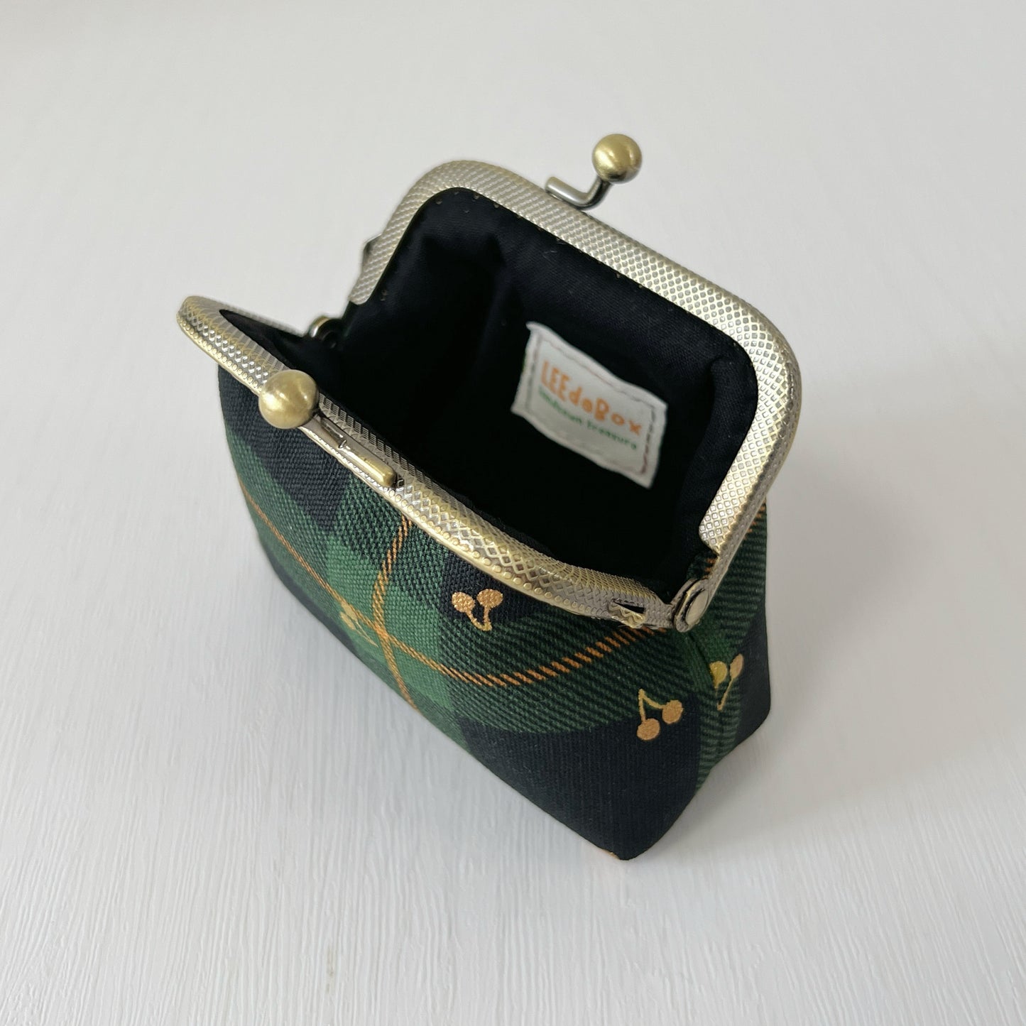 Black Green Tartan Gold Cherries Fabric Kiss Lock Purse - Handmade Accessory Purse