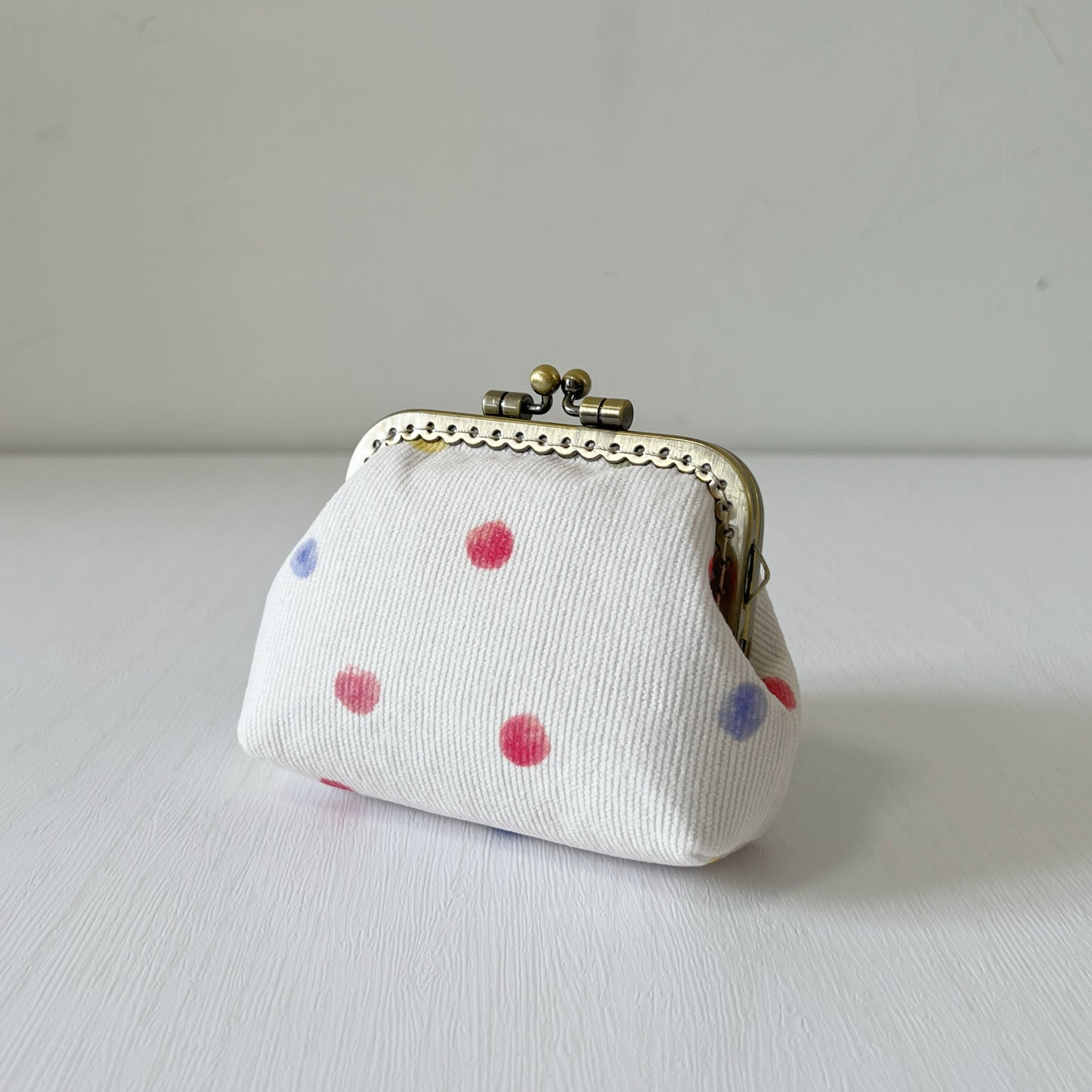 White Colour Dots Corduroy Fabric Kiss Lock Purse - Handmade Accessory Purse