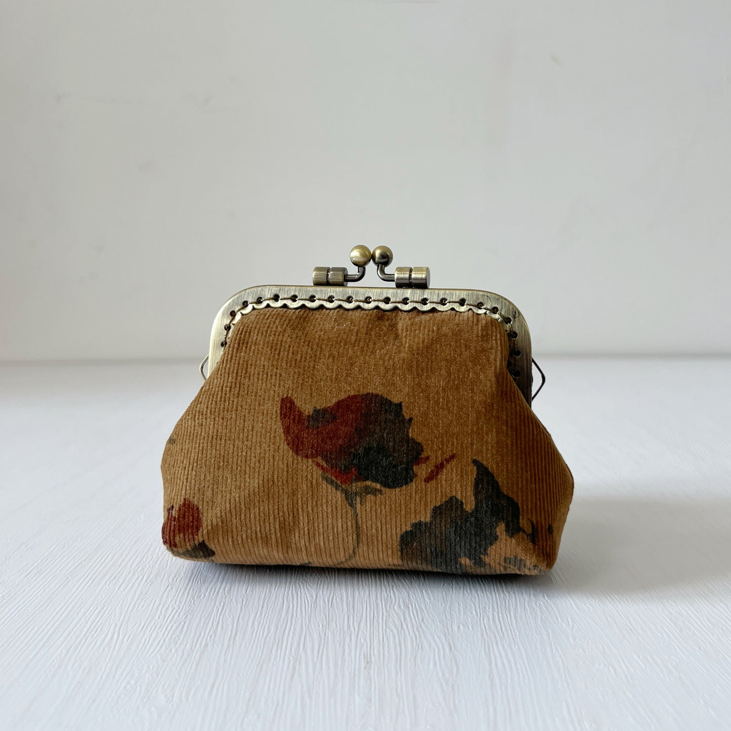 Old Brown Forest Corduroy Fabric Kiss Lock Purse - Handmade Accessory Purse