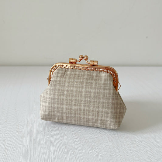 Beige Cube Tartan Fabric Kiss Lock Purse - Handmade Accessory Pouch - Rose Gold Metal Clasp