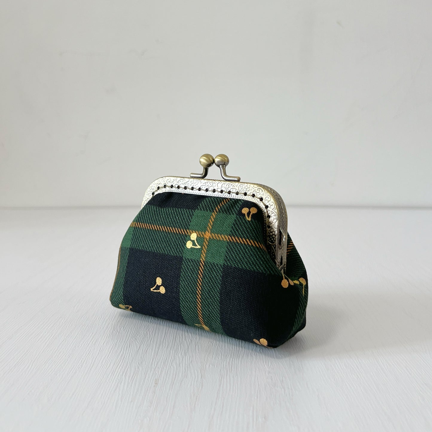 Black Green Tartan Gold Cherries Fabric Kiss Lock Purse - Handmade Accessory Purse
