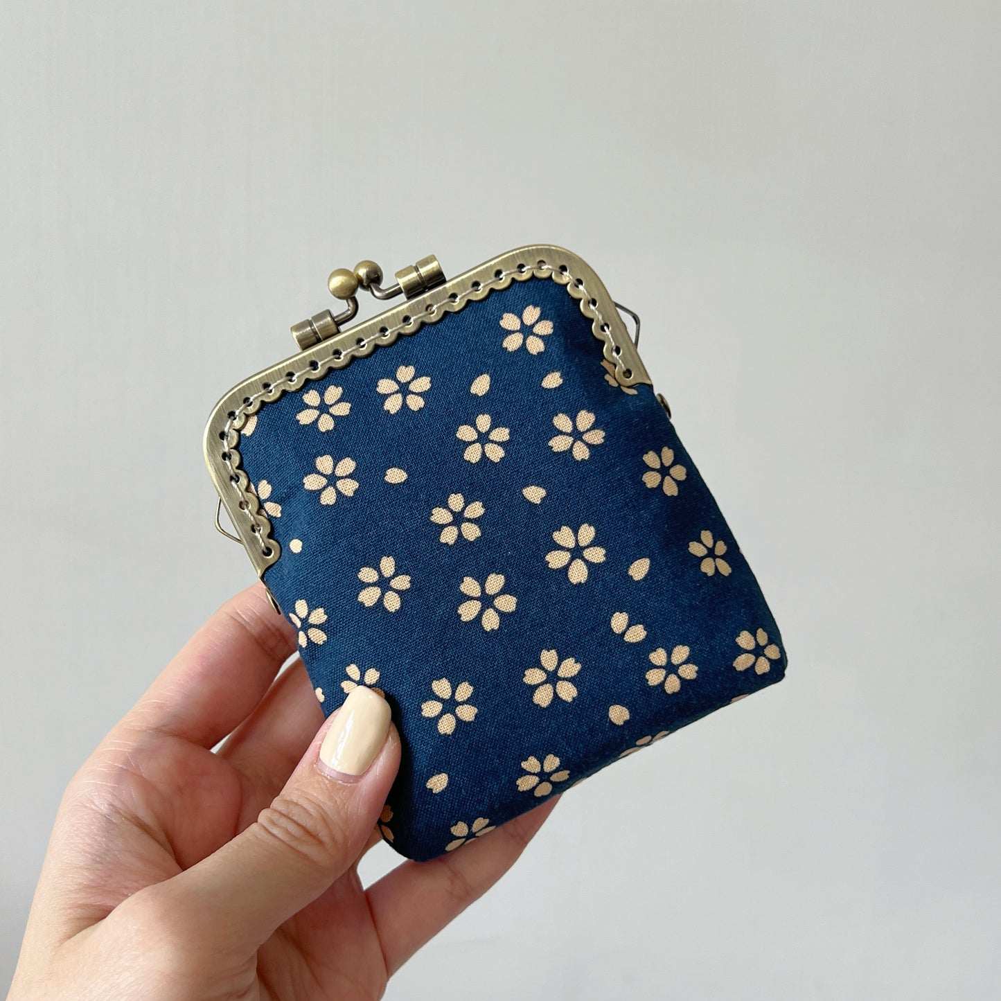 Blue Cherry Blossom - Handsewn Kiss Lock Fabric Purse - Cotton