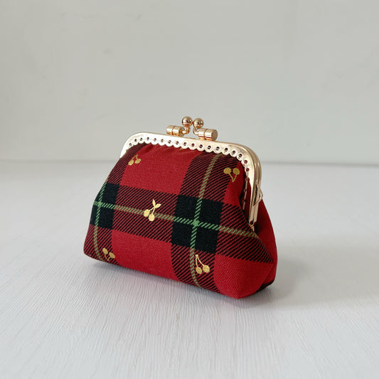 Red Tartan Gold Cherries Fabric Kiss Lock Purse - Handmade Accessory Purse