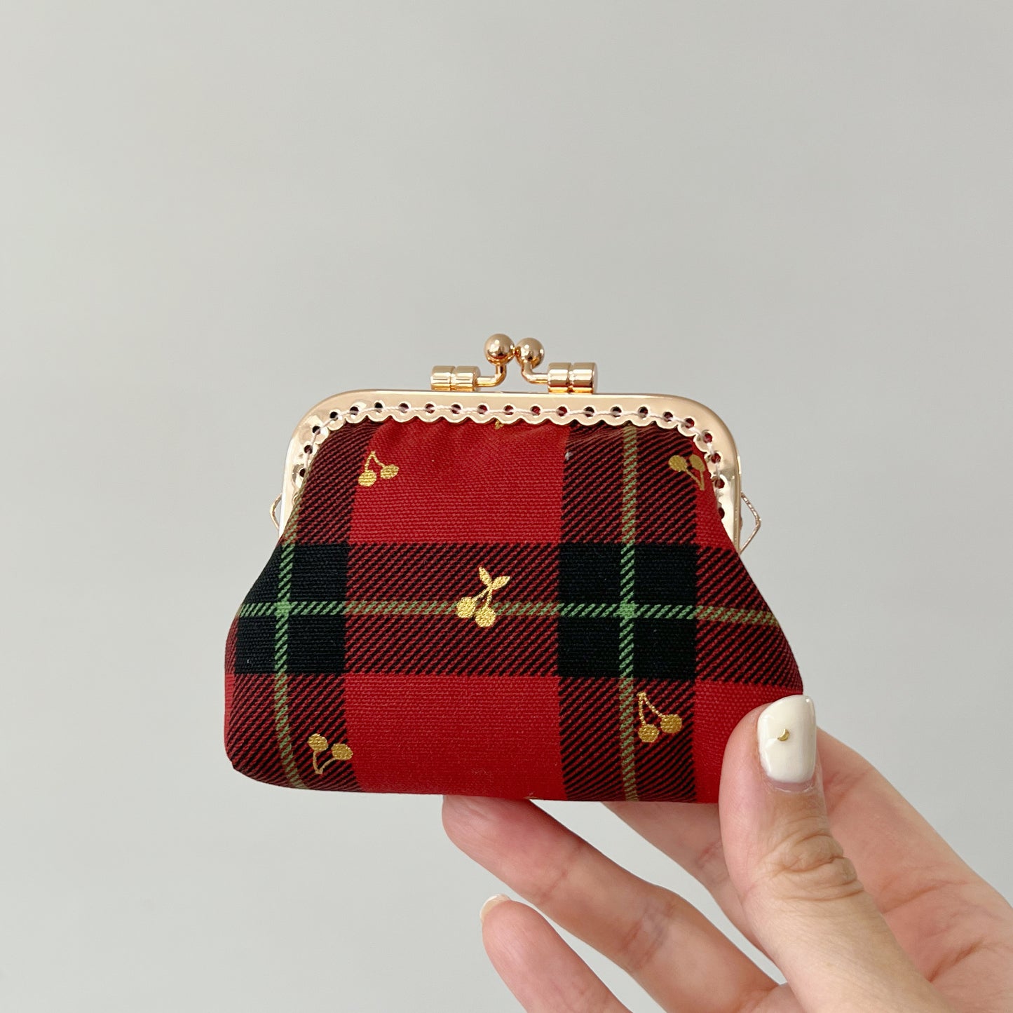 Red Tartan Gold Cherries Fabric Kiss Lock Purse - Handmade Accessory Purse
