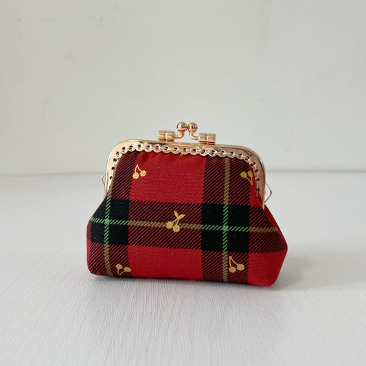 Red Tartan Gold Cherries Fabric Kiss Lock Purse - Handmade Accessory Purse