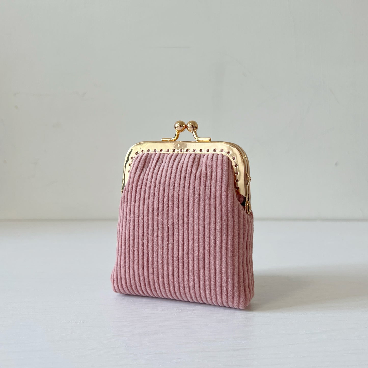 Pink Corduroy Card Purse - Handsewn Kiss Lock Purse