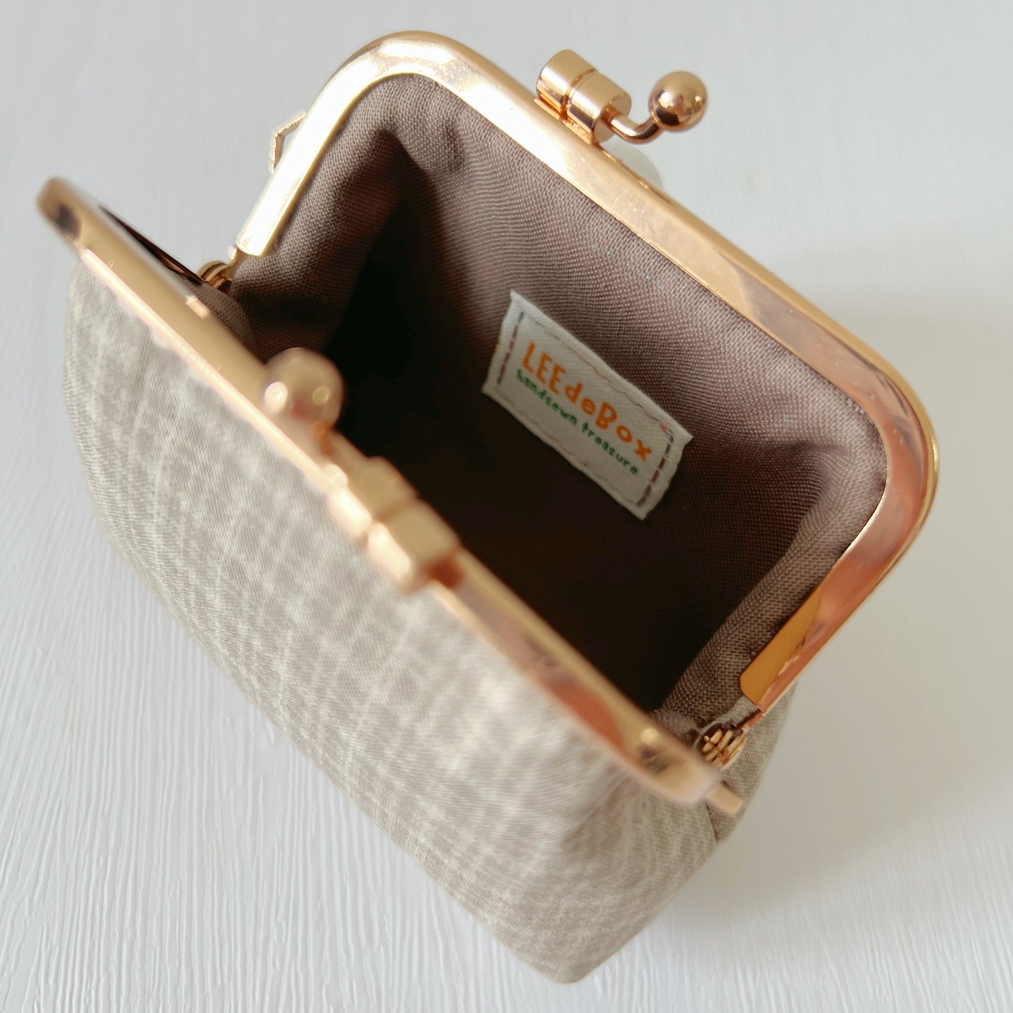 Beige Cube Tartan Fabric Kiss Lock Purse - Handmade Accessory Pouch - Rose Gold Metal Clasp