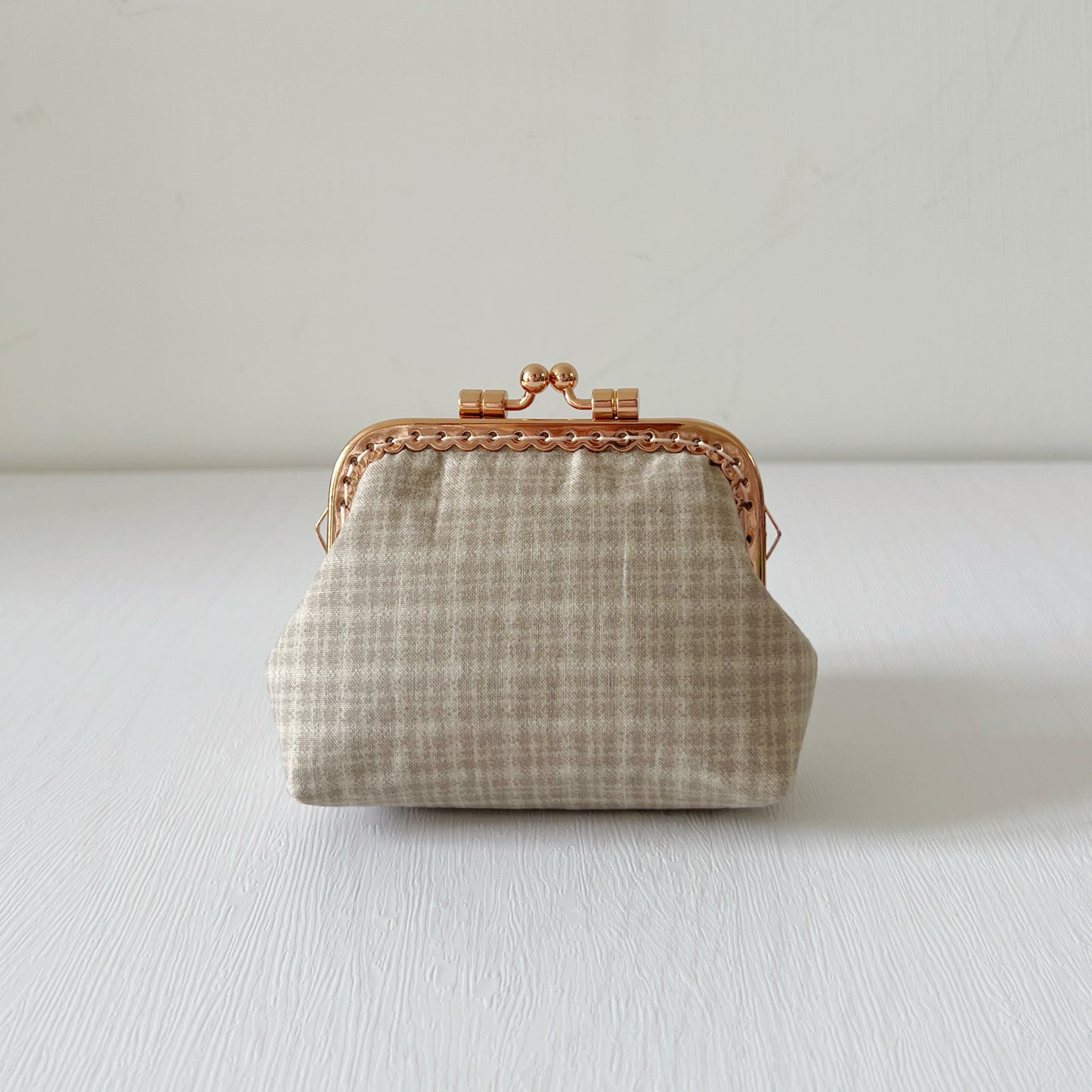 Beige Cube Tartan Fabric Kiss Lock Purse - Handmade Accessory Pouch - Rose Gold Metal Clasp