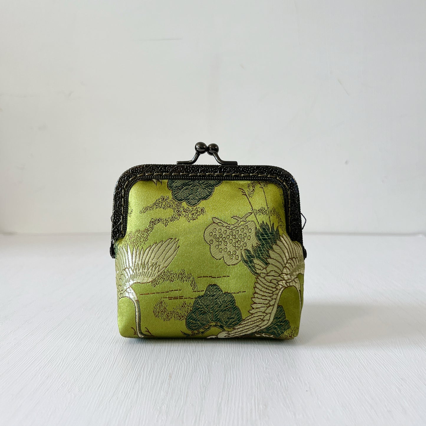 Olive Green Cranes - Handmade Kiss Lock Card Purse