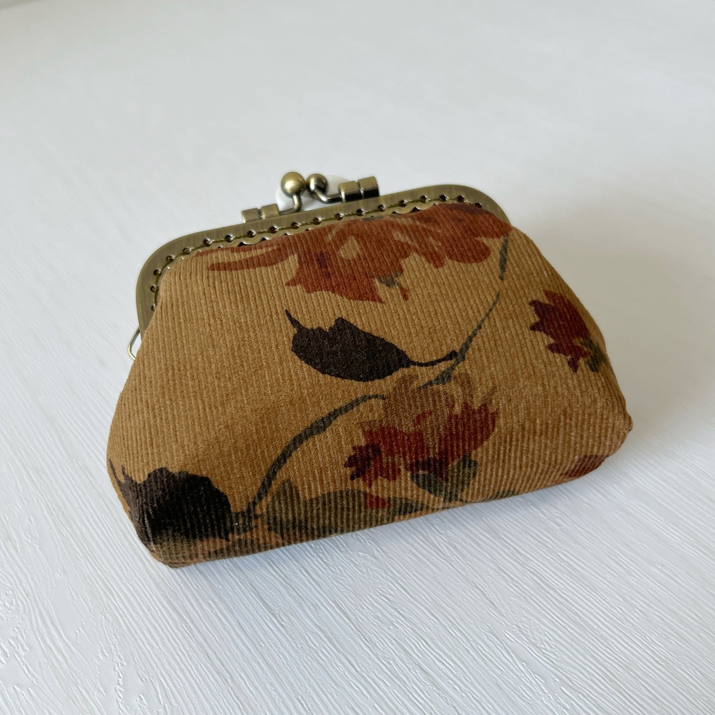 Old Brown Forest Corduroy Fabric Kiss Lock Purse - Handmade Accessory Purse