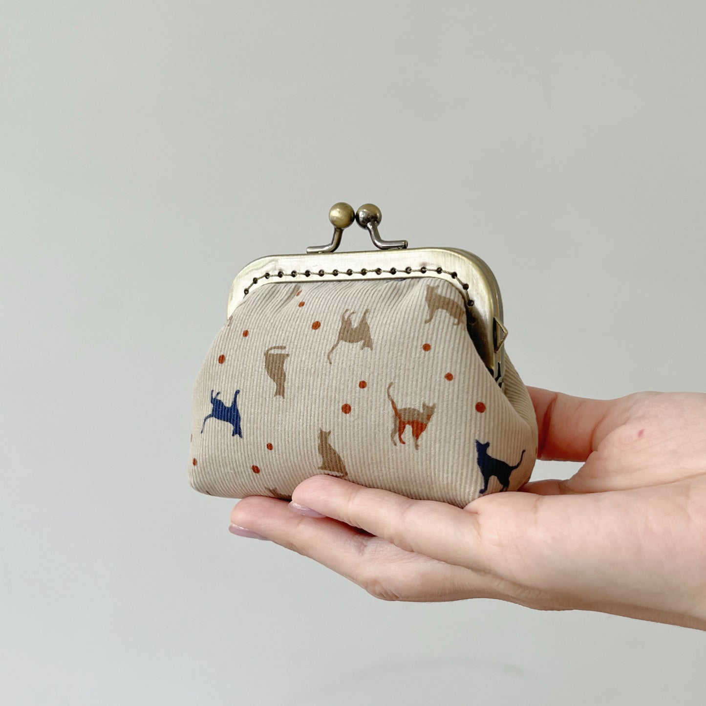 Beige Cats Corduroy Fabric Kiss Lock Purse - Handmade Accessory Purse
