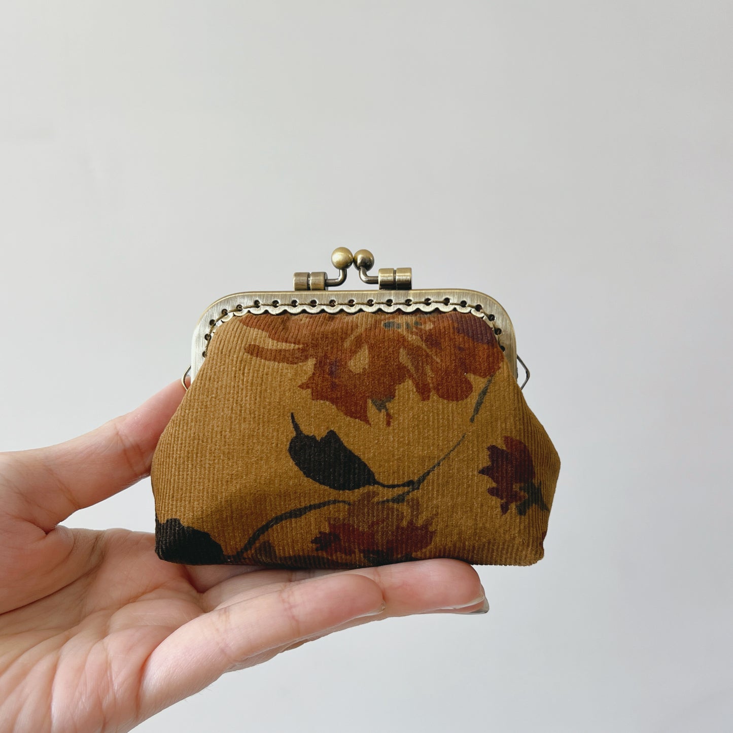 Old Brown Forest Corduroy Fabric Kiss Lock Purse - Handmade Accessory Purse