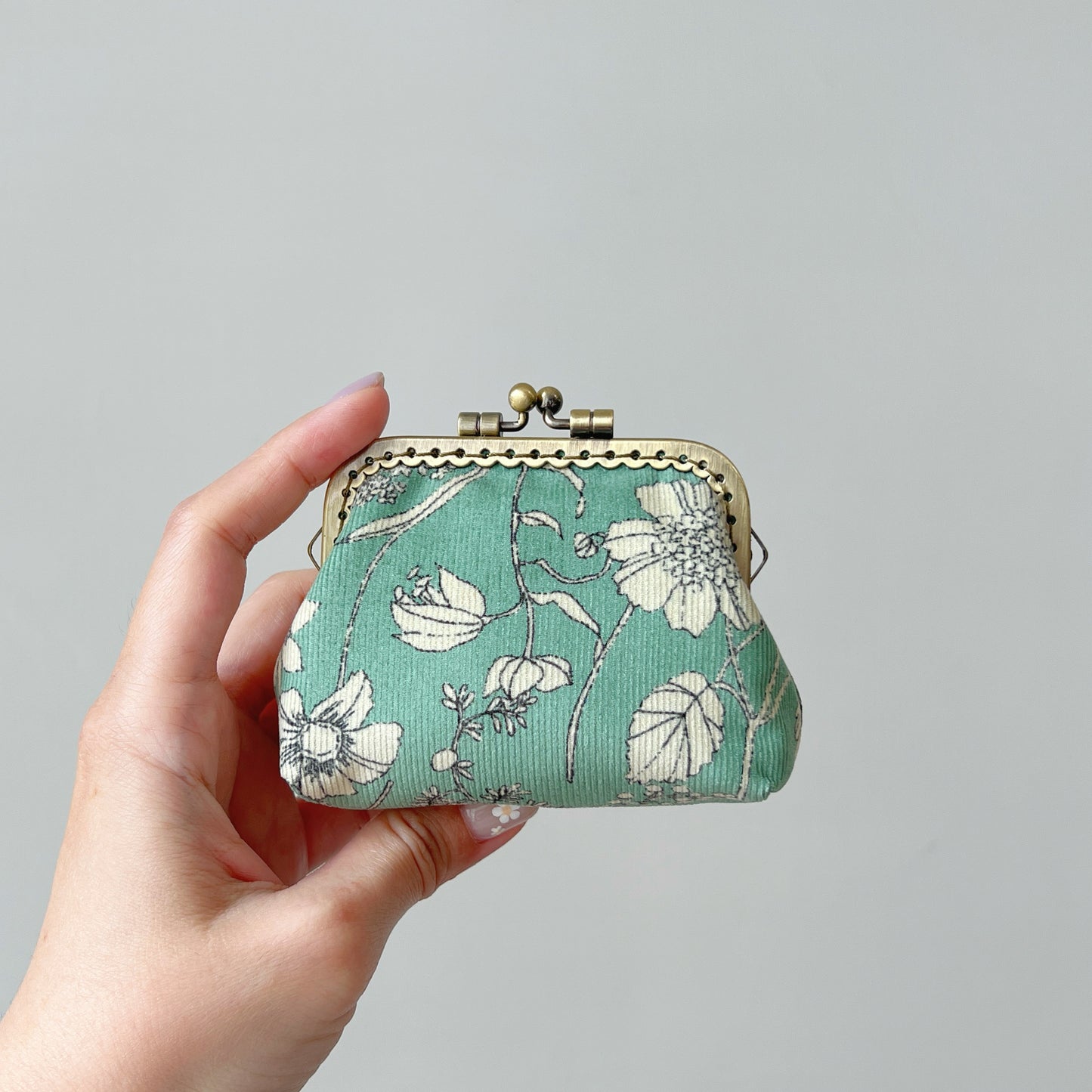 Mint Green Floral Fabric Kiss Lock Purse - Handmade Accessory Pouch